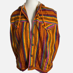 Live‎ in Color 1990’s Multicolored Stripe Aztec Sleeveless Jean Jacket w/ Hoodie